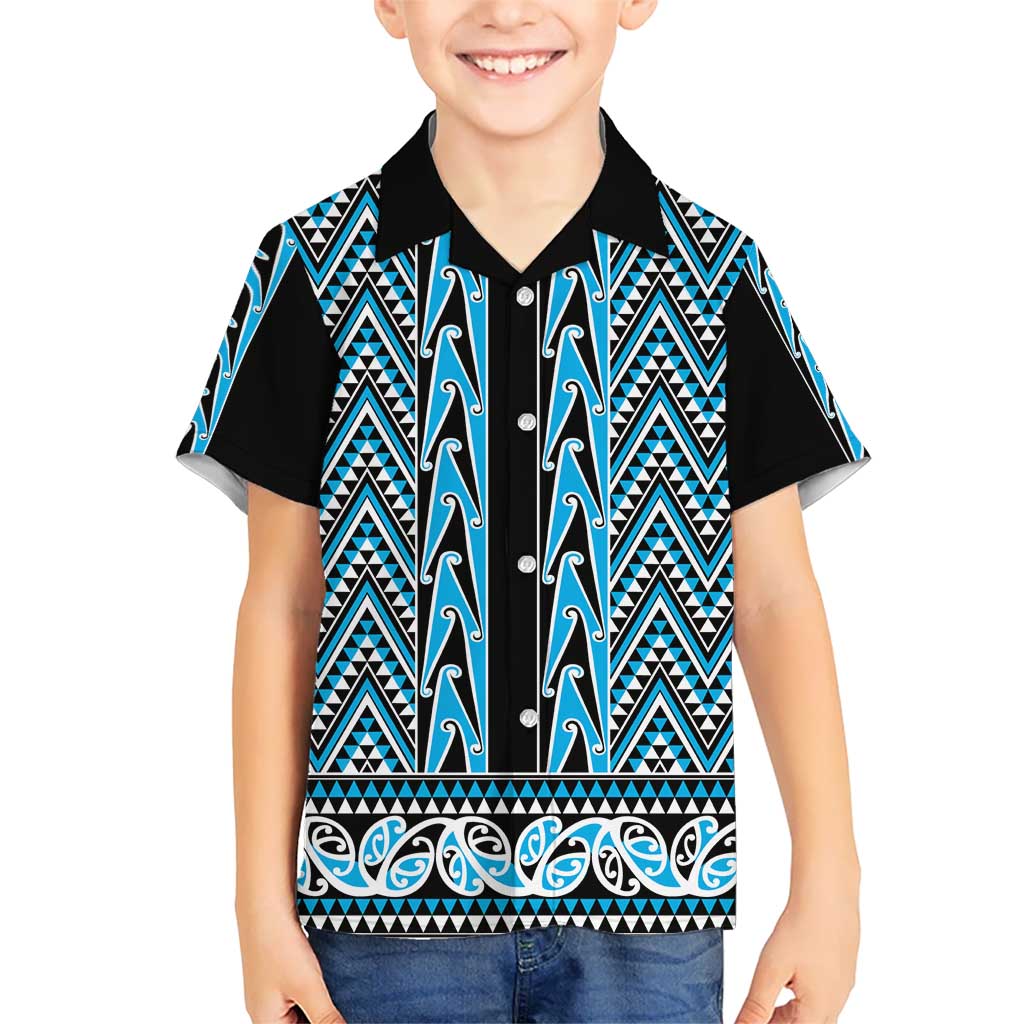 New Zealand Maori Niho Taniwha Kid Hawaiian Shirt Kikorangi Mangopare and Puhoro Pattern
