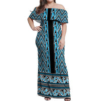 New Zealand Maori Niho Taniwha Off Shoulder Maxi Dress Kikorangi Mangopare and Puhoro Pattern