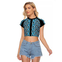 New Zealand Maori Niho Taniwha Raglan Cropped T Shirt Kikorangi Mangopare and Puhoro Pattern