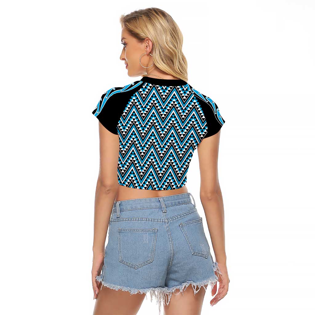 New Zealand Maori Niho Taniwha Raglan Cropped T Shirt Kikorangi Mangopare and Puhoro Pattern