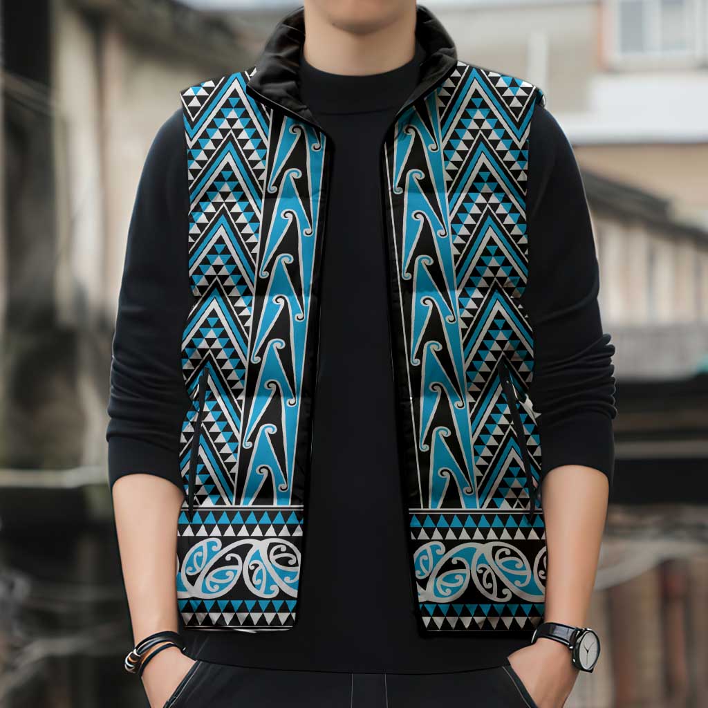New Zealand Maori Niho Taniwha Sleeveless Puffer Jacket Kikorangi Mangopare and Puhoro Pattern - Polynesian Pride