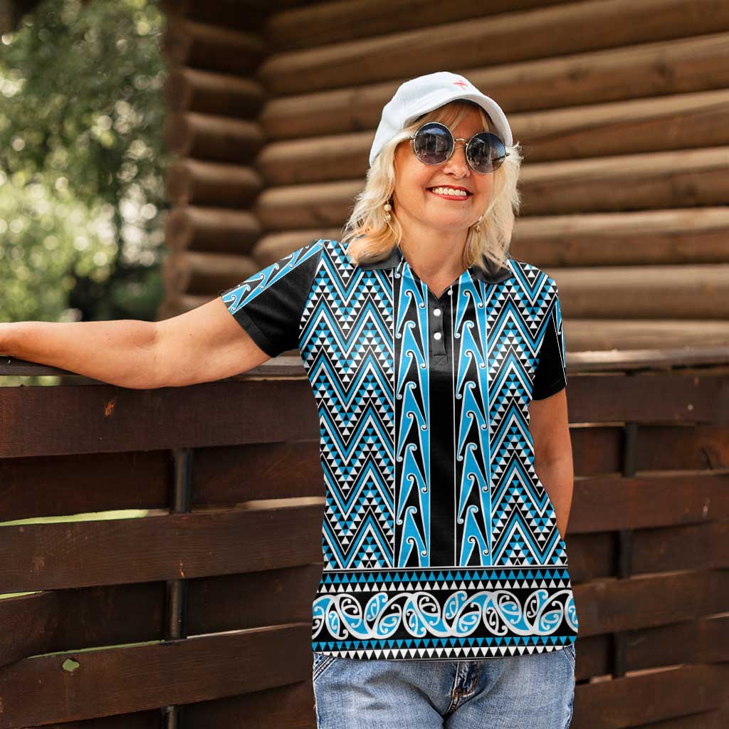 New Zealand Maori Niho Taniwha Women Polo Shirt Kikorangi Mangopare and Puhoro Pattern