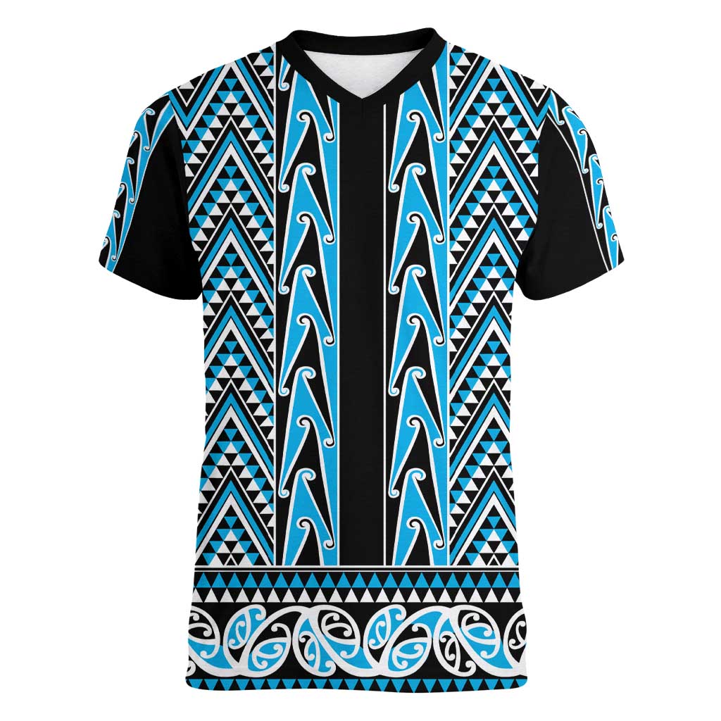 New Zealand Maori Niho Taniwha Women V-Neck T-Shirt Kikorangi Mangopare and Puhoro Pattern LT9 Female Blue - Polynesian Pride