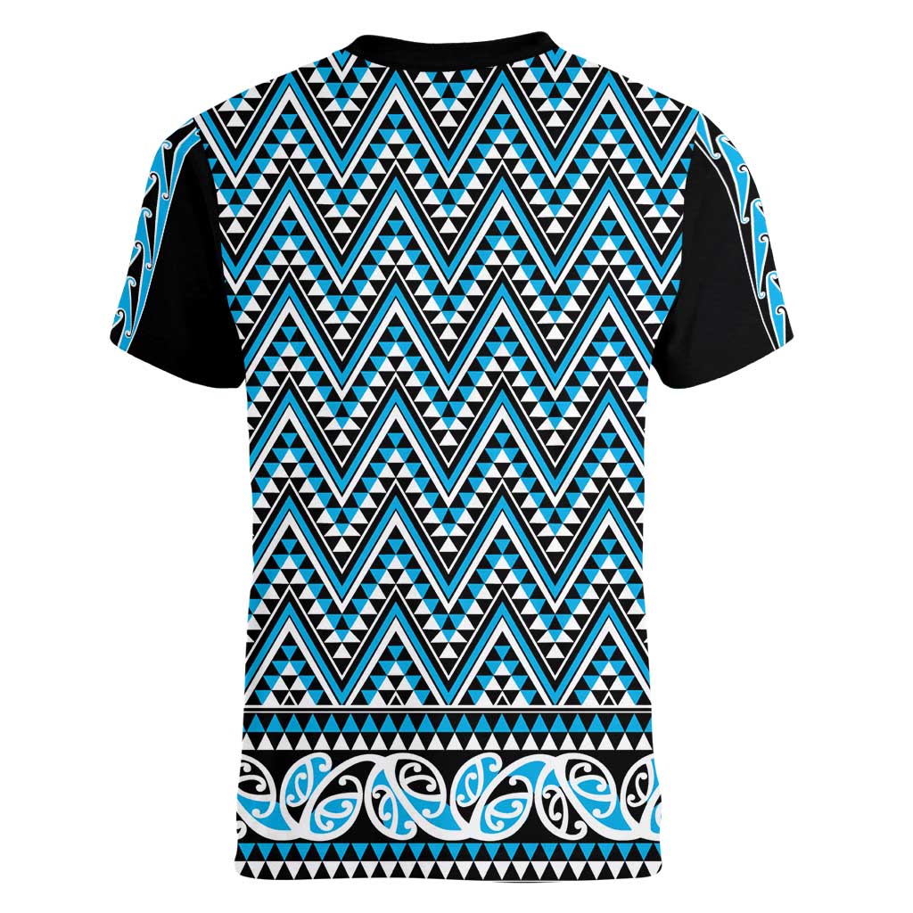 New Zealand Maori Niho Taniwha Women V-Neck T-Shirt Kikorangi Mangopare and Puhoro Pattern LT9 - Polynesian Pride