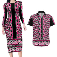 New Zealand Maori Niho Taniwha Couples Matching Long Sleeve Bodycon Dress and Hawaiian Shirt Mawhero Mangopare and Puhoro Pattern LT9 Pink - Polynesian Pride