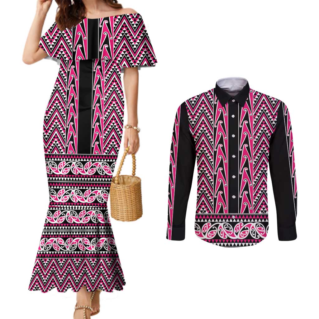 New Zealand Maori Niho Taniwha Couples Matching Mermaid Dress and Long Sleeve Button Shirt Mawhero Mangopare and Puhoro Pattern LT9 Pink - Polynesian Pride