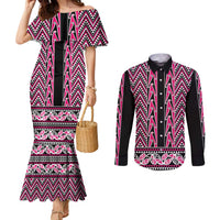 New Zealand Maori Niho Taniwha Couples Matching Mermaid Dress and Long Sleeve Button Shirt Mawhero Mangopare and Puhoro Pattern LT9 Pink - Polynesian Pride