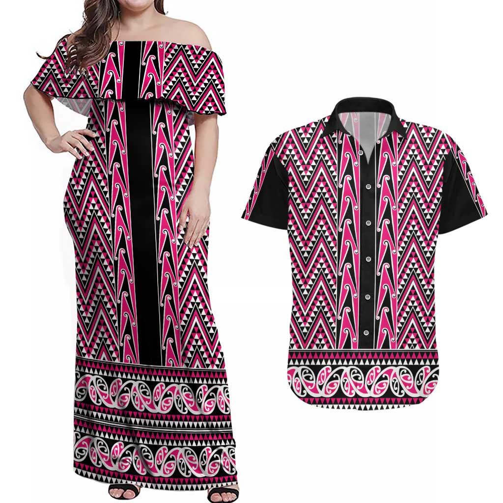 New Zealand Maori Niho Taniwha Couples Matching Off Shoulder Maxi Dress and Hawaiian Shirt Mawhero Mangopare and Puhoro Pattern LT9 Pink - Polynesian Pride