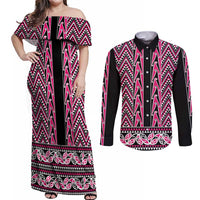 New Zealand Maori Niho Taniwha Couples Matching Off Shoulder Maxi Dress and Long Sleeve Button Shirt Mawhero Mangopare and Puhoro Pattern LT9 Pink - Polynesian Pride