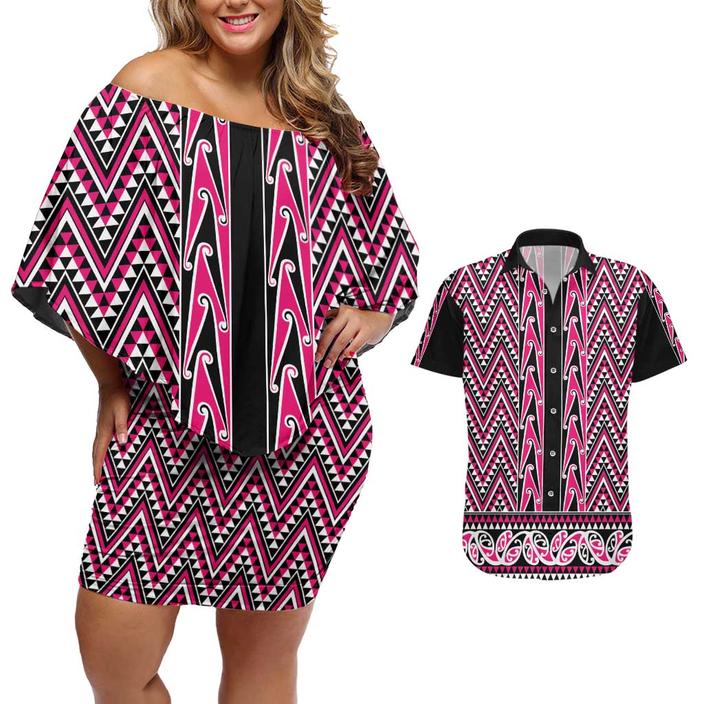 New Zealand Maori Niho Taniwha Couples Matching Off Shoulder Short Dress and Hawaiian Shirt Mawhero Mangopare and Puhoro Pattern LT9 Pink - Polynesian Pride