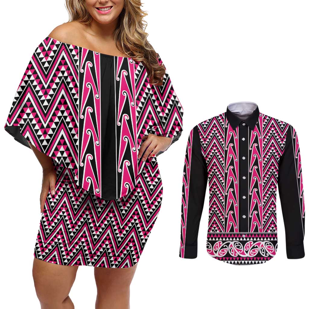 New Zealand Maori Niho Taniwha Couples Matching Off Shoulder Short Dress and Long Sleeve Button Shirt Mawhero Mangopare and Puhoro Pattern LT9 Pink - Polynesian Pride