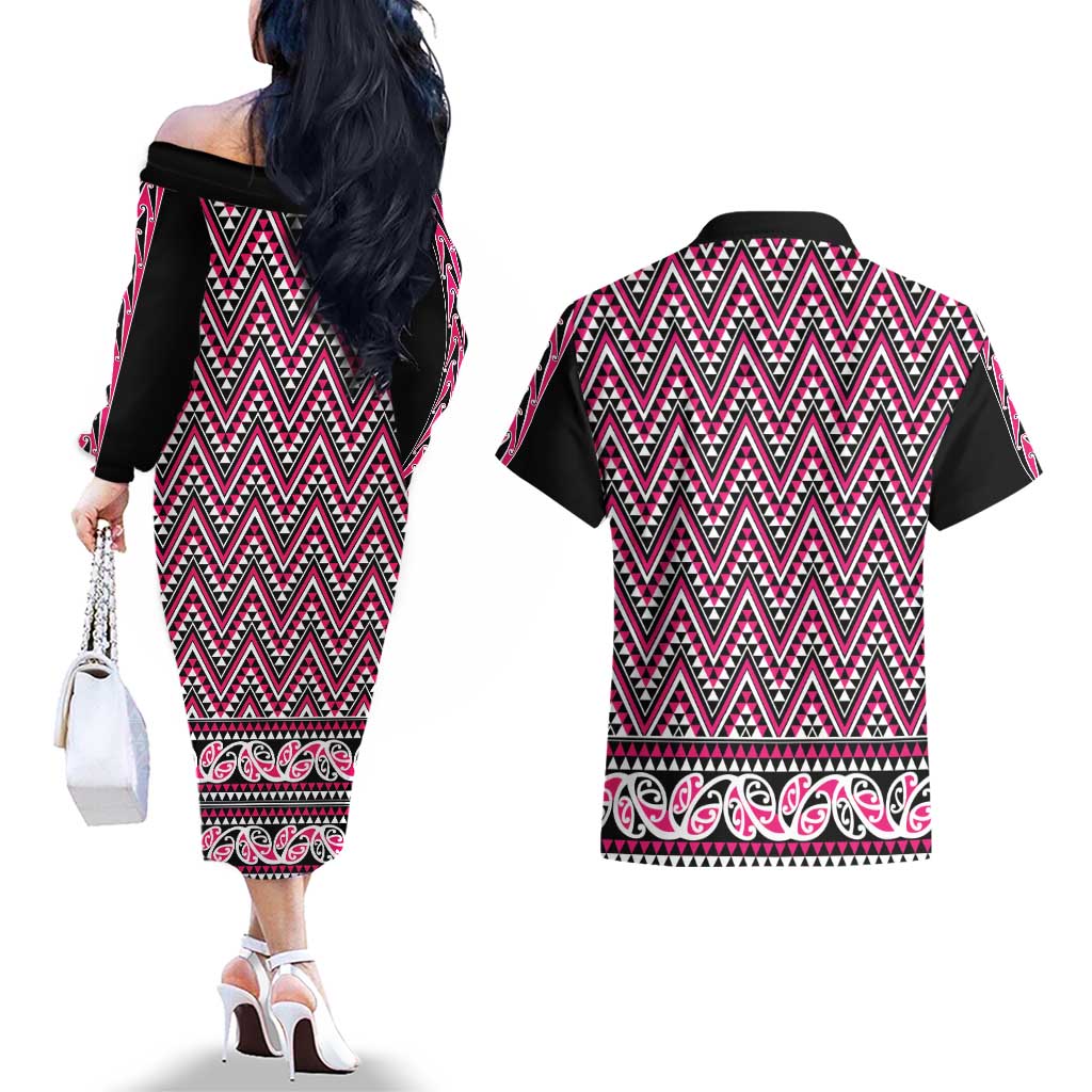 New Zealand Maori Niho Taniwha Couples Matching Off The Shoulder Long Sleeve Dress and Hawaiian Shirt Mawhero Mangopare and Puhoro Pattern