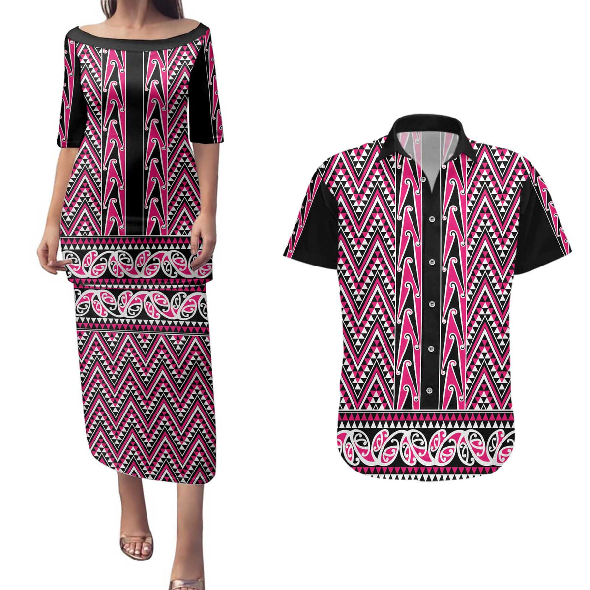 New Zealand Maori Niho Taniwha Couples Matching Puletasi and Hawaiian Shirt Mawhero Mangopare and Puhoro Pattern LT9 Pink - Polynesian Pride