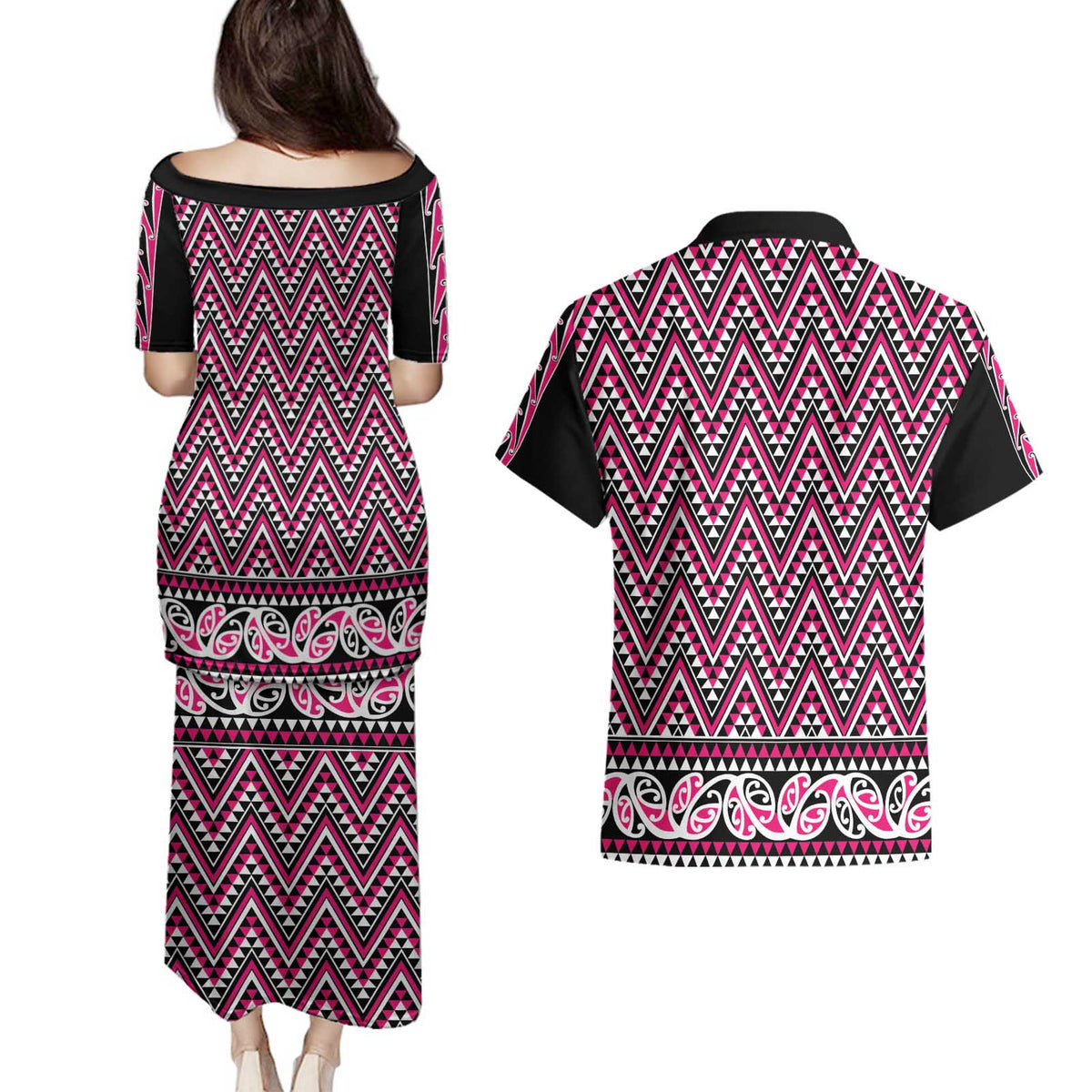 New Zealand Maori Niho Taniwha Couples Matching Puletasi and Hawaiian Shirt Mawhero Mangopare and Puhoro Pattern LT9 - Polynesian Pride