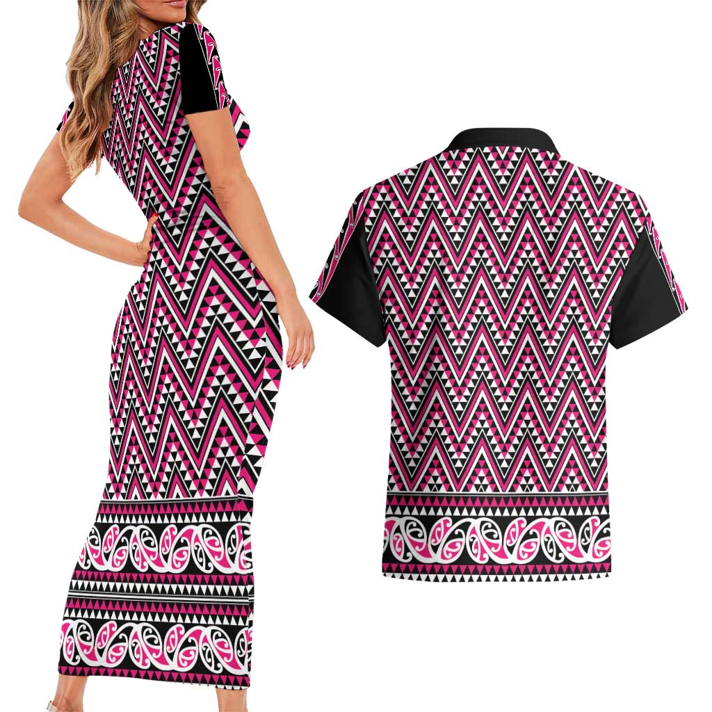 New Zealand Maori Niho Taniwha Couples Matching Short Sleeve Bodycon Dress and Hawaiian Shirt Mawhero Mangopare and Puhoro Pattern LT9 - Polynesian Pride