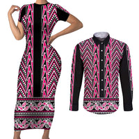 New Zealand Maori Niho Taniwha Couples Matching Short Sleeve Bodycon Dress and Long Sleeve Button Shirt Mawhero Mangopare and Puhoro Pattern LT9 Pink - Polynesian Pride