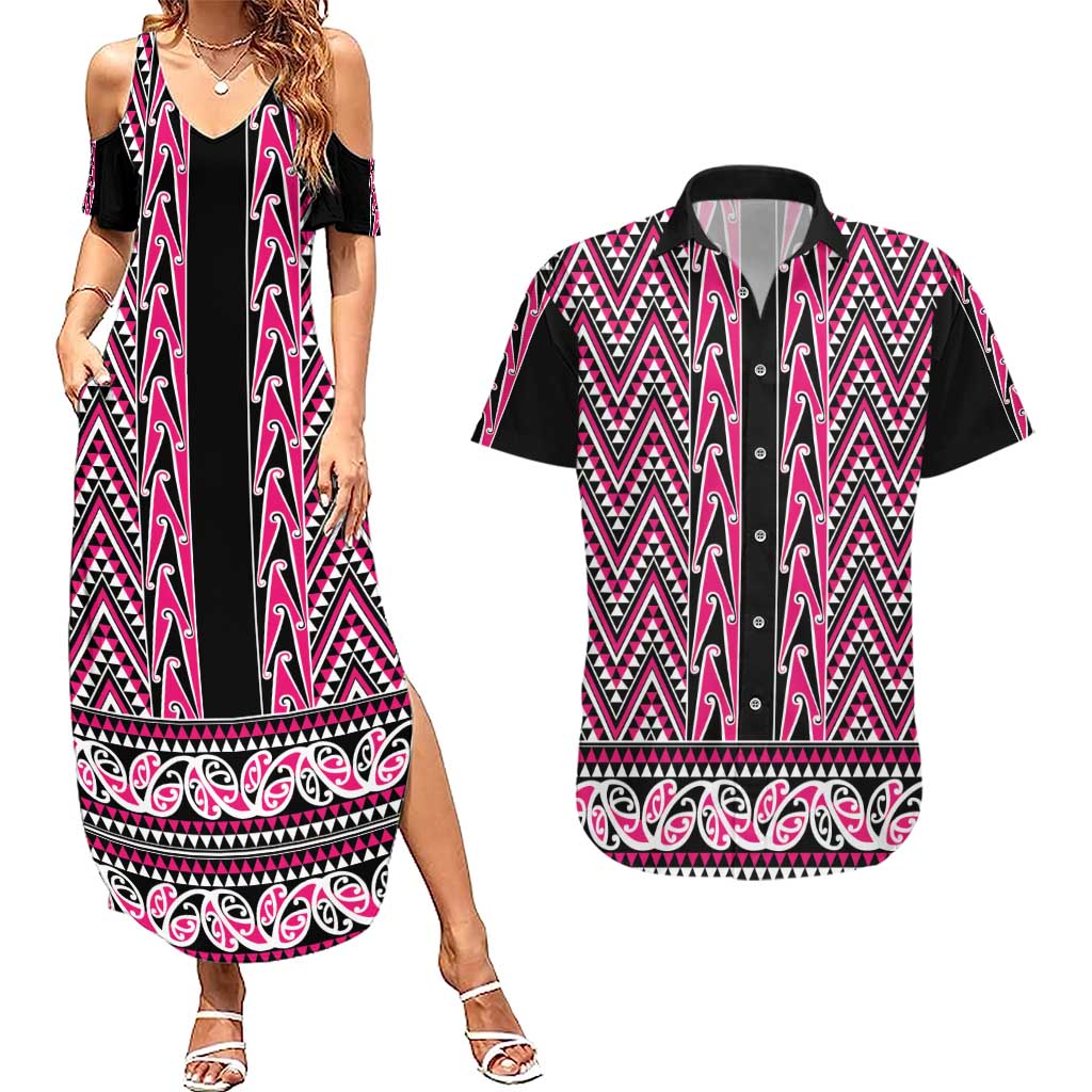 New Zealand Maori Niho Taniwha Couples Matching Summer Maxi Dress and Hawaiian Shirt Mawhero Mangopare and Puhoro Pattern LT9 Pink - Polynesian Pride