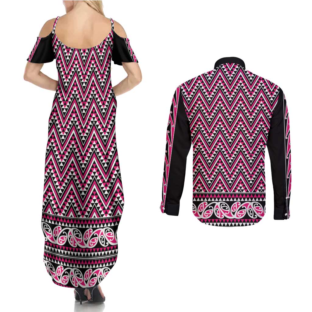 New Zealand Maori Niho Taniwha Couples Matching Summer Maxi Dress and Long Sleeve Button Shirt Mawhero Mangopare and Puhoro Pattern LT9 - Polynesian Pride