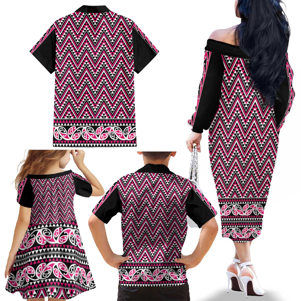 New Zealand Maori Niho Taniwha Family Matching Off The Shoulder Long Sleeve Dress and Hawaiian Shirt Mawhero Mangopare and Puhoro Pattern