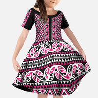 New Zealand Maori Niho Taniwha Family Matching Off Shoulder Maxi Dress and Hawaiian Shirt Mawhero Mangopare and Puhoro Pattern LT9 Daughter's Dress Pink - Polynesian Pride