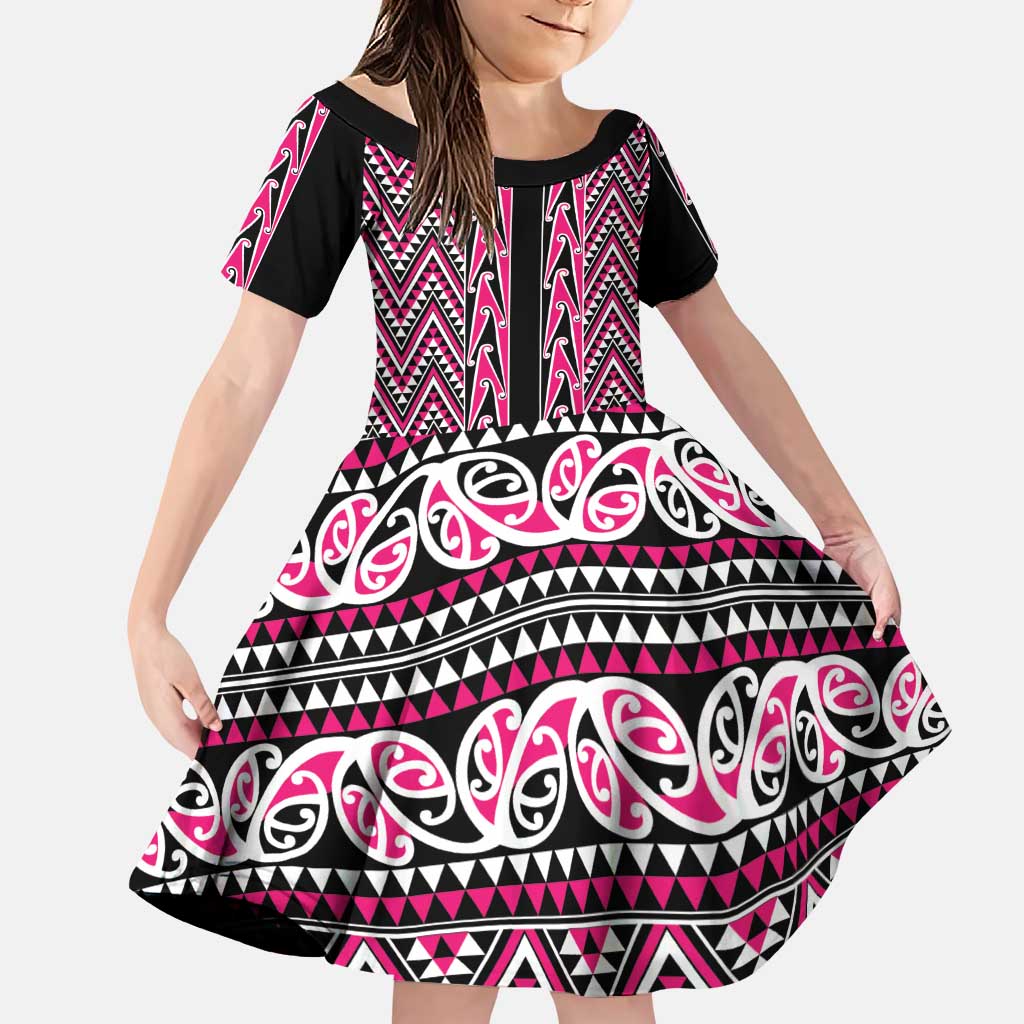 New Zealand Maori Niho Taniwha Family Matching Puletasi and Hawaiian Shirt Mawhero Mangopare and Puhoro Pattern LT9 Daughter's Dress Pink - Polynesian Pride