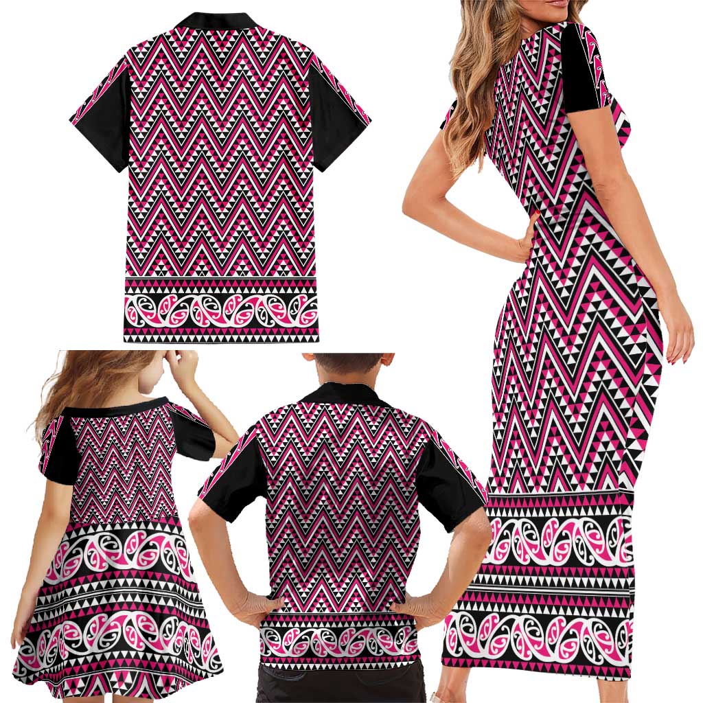 New Zealand Maori Niho Taniwha Family Matching Short Sleeve Bodycon Dress and Hawaiian Shirt Mawhero Mangopare and Puhoro Pattern