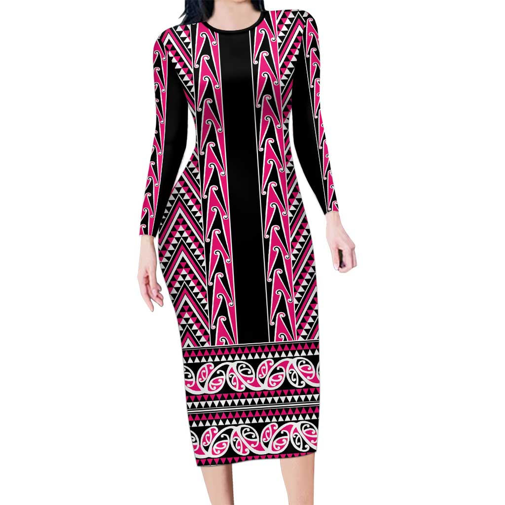 New Zealand Maori Niho Taniwha Long Sleeve Bodycon Dress Mawhero Mangopare and Puhoro Pattern