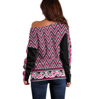 New Zealand Maori Niho Taniwha Off Shoulder Sweater Mawhero Mangopare and Puhoro Pattern