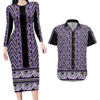 New Zealand Maori Niho Taniwha Couples Matching Long Sleeve Bodycon Dress and Hawaiian Shirt Waiporopo Mangopare and Puhoro Pattern LT9 Purple - Polynesian Pride