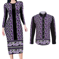 New Zealand Maori Niho Taniwha Couples Matching Long Sleeve Bodycon Dress and Long Sleeve Button Shirt Waiporopo Mangopare and Puhoro Pattern LT9 Purple - Polynesian Pride