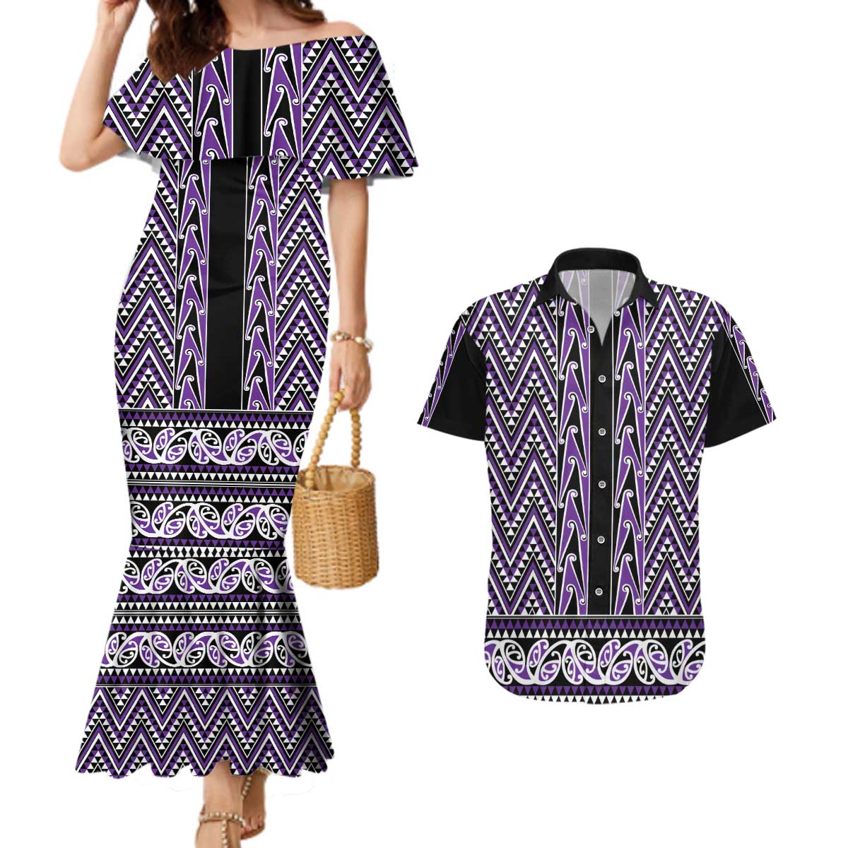 New Zealand Maori Niho Taniwha Couples Matching Mermaid Dress and Hawaiian Shirt Waiporopo Mangopare and Puhoro Pattern