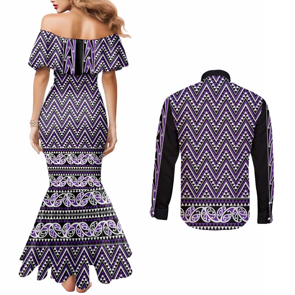 New Zealand Maori Niho Taniwha Couples Matching Mermaid Dress and Long Sleeve Button Shirt Waiporopo Mangopare and Puhoro Pattern LT9 - Polynesian Pride