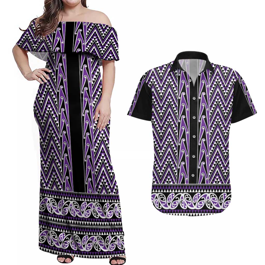 New Zealand Maori Niho Taniwha Couples Matching Off Shoulder Maxi Dress and Hawaiian Shirt Waiporopo Mangopare and Puhoro Pattern