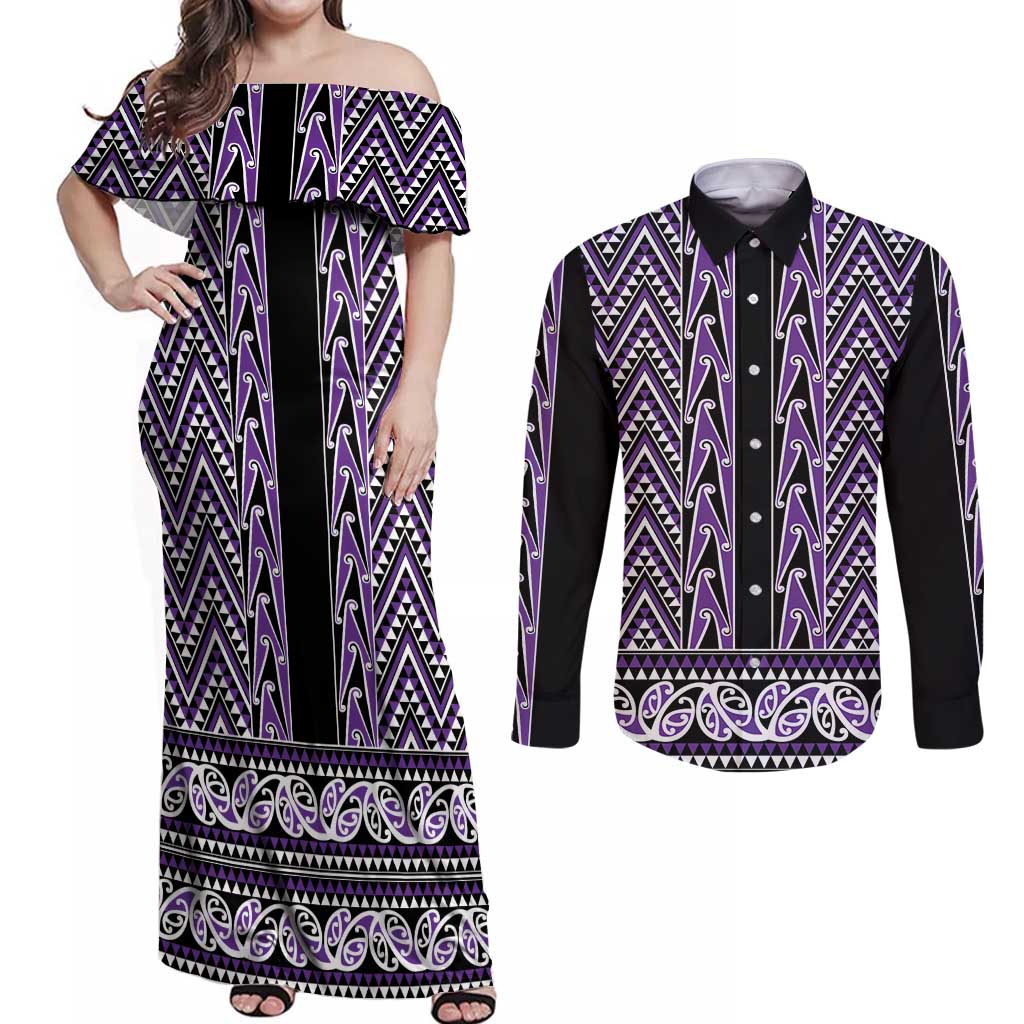 New Zealand Maori Niho Taniwha Couples Matching Off Shoulder Maxi Dress and Long Sleeve Button Shirt Waiporopo Mangopare and Puhoro Pattern LT9 Purple - Polynesian Pride