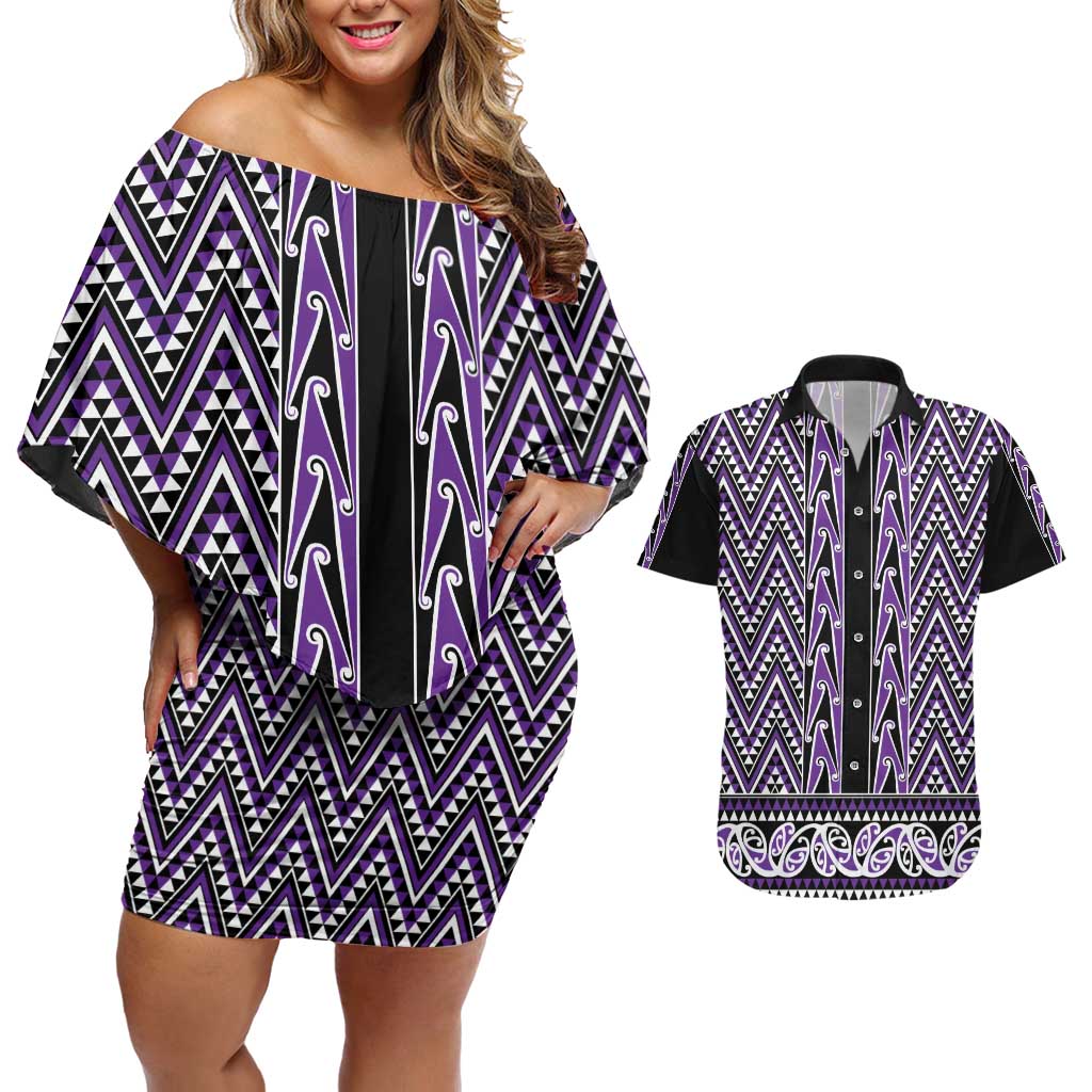 New Zealand Maori Niho Taniwha Couples Matching Off Shoulder Short Dress and Hawaiian Shirt Waiporopo Mangopare and Puhoro Pattern