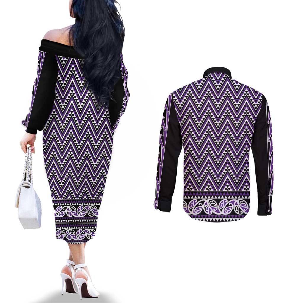 New Zealand Maori Niho Taniwha Couples Matching Off The Shoulder Long Sleeve Dress and Long Sleeve Button Shirt Waiporopo Mangopare and Puhoro Pattern LT9 - Polynesian Pride