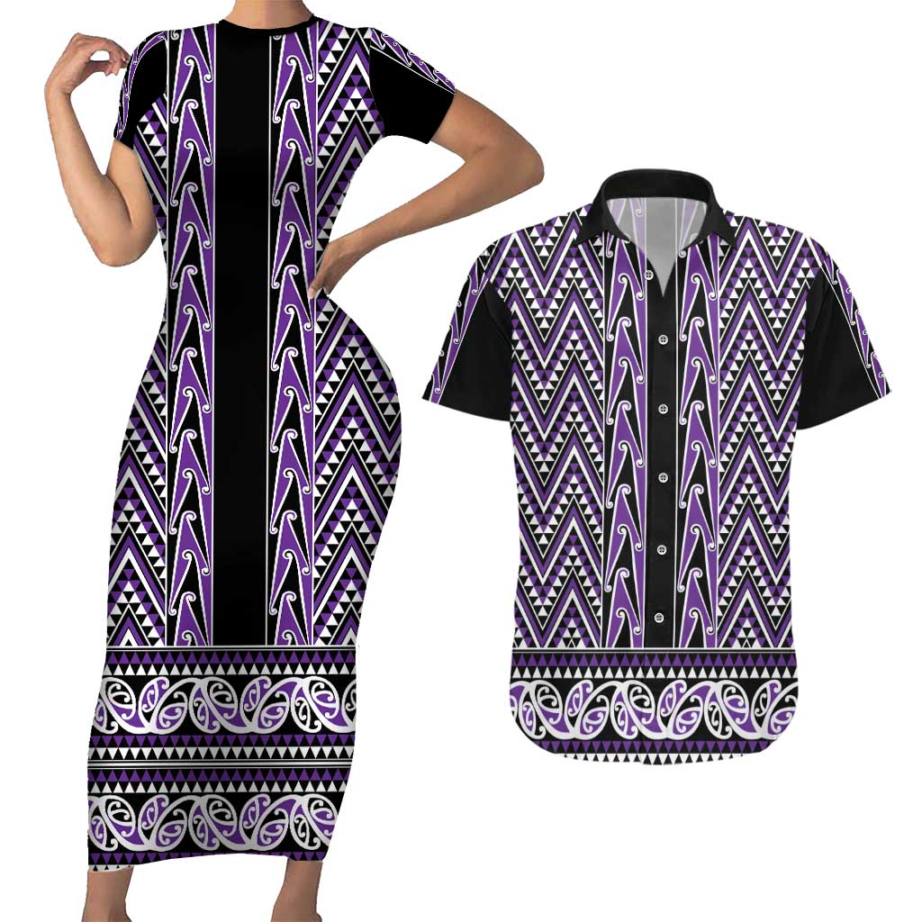 New Zealand Maori Niho Taniwha Couples Matching Short Sleeve Bodycon Dress and Hawaiian Shirt Waiporopo Mangopare and Puhoro Pattern LT9 Purple - Polynesian Pride