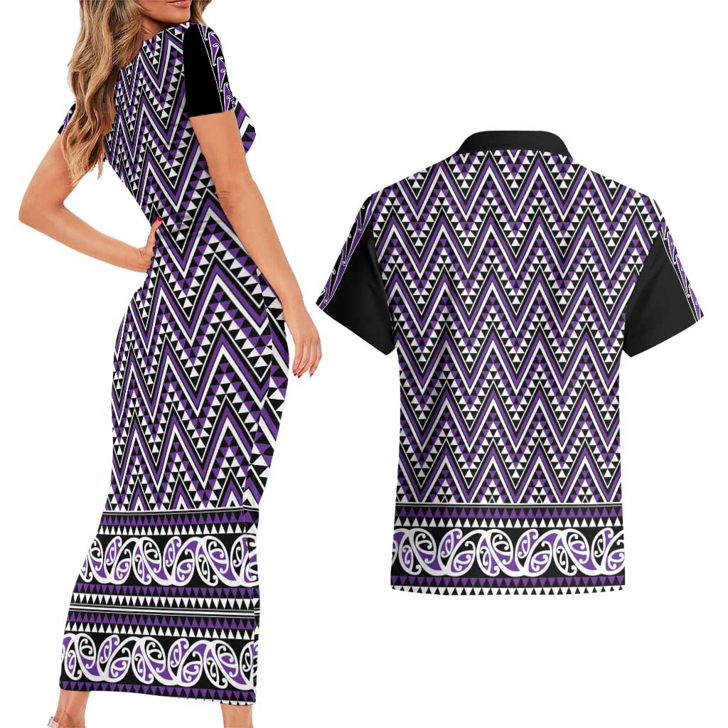 New Zealand Maori Niho Taniwha Couples Matching Short Sleeve Bodycon Dress and Hawaiian Shirt Waiporopo Mangopare and Puhoro Pattern LT9 - Polynesian Pride