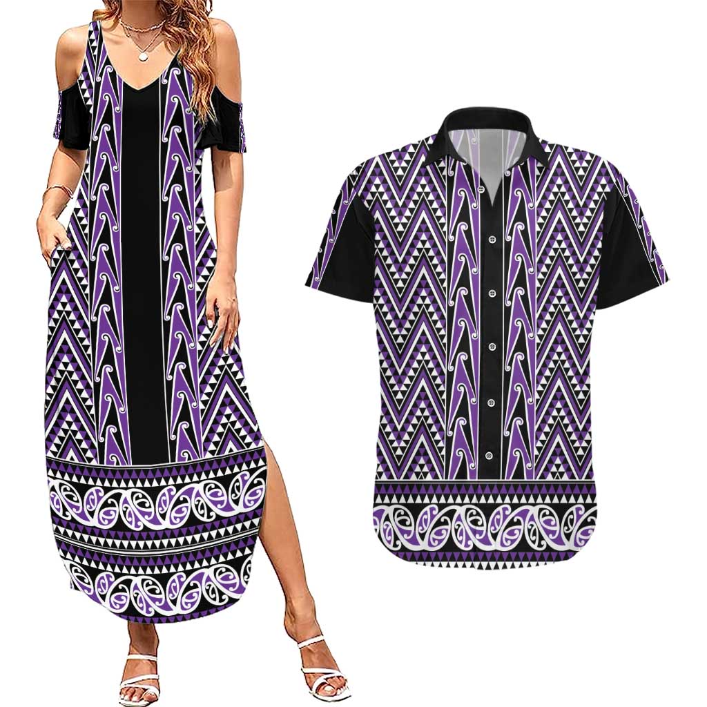 New Zealand Maori Niho Taniwha Couples Matching Summer Maxi Dress and Hawaiian Shirt Waiporopo Mangopare and Puhoro Pattern LT9 Purple - Polynesian Pride