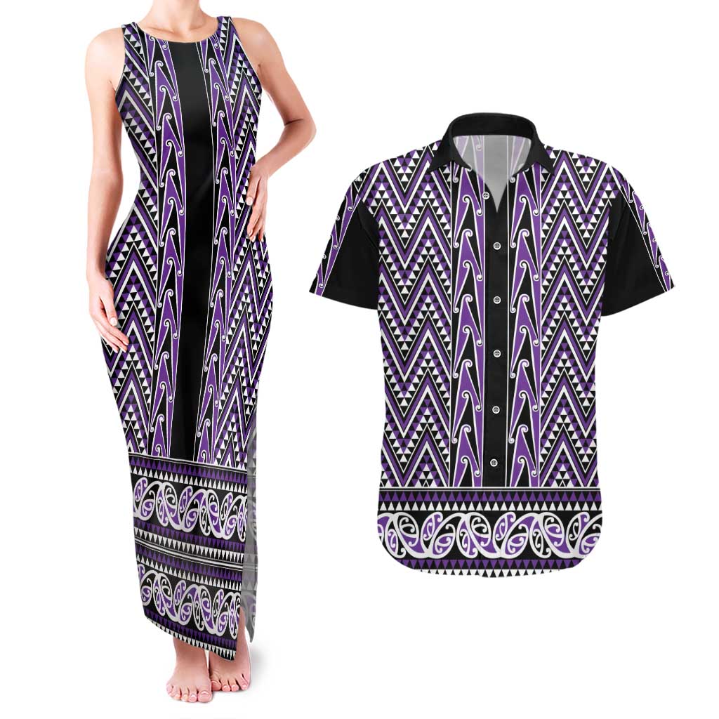 New Zealand Maori Niho Taniwha Couples Matching Tank Maxi Dress and Hawaiian Shirt Waiporopo Mangopare and Puhoro Pattern LT9 Purple - Polynesian Pride