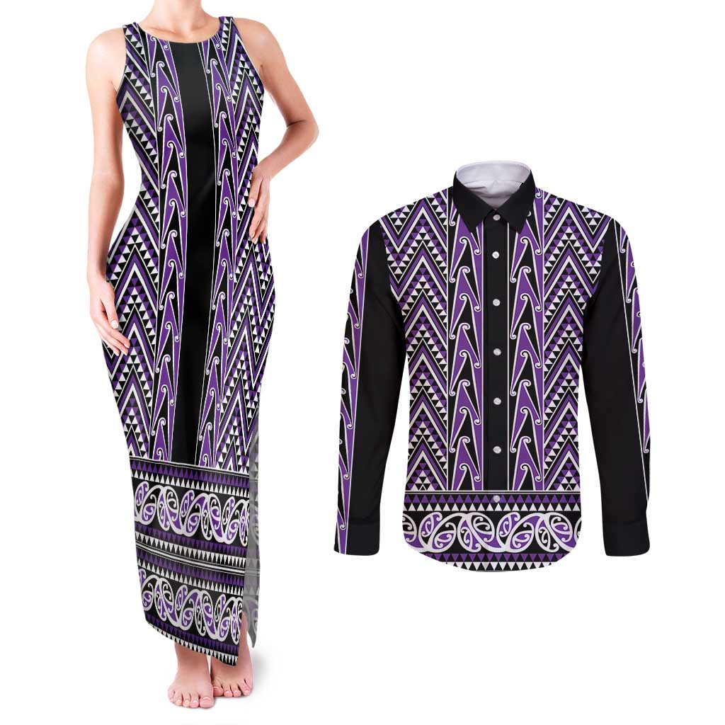 New Zealand Maori Niho Taniwha Couples Matching Tank Maxi Dress and Long Sleeve Button Shirt Waiporopo Mangopare and Puhoro Pattern LT9 Purple - Polynesian Pride