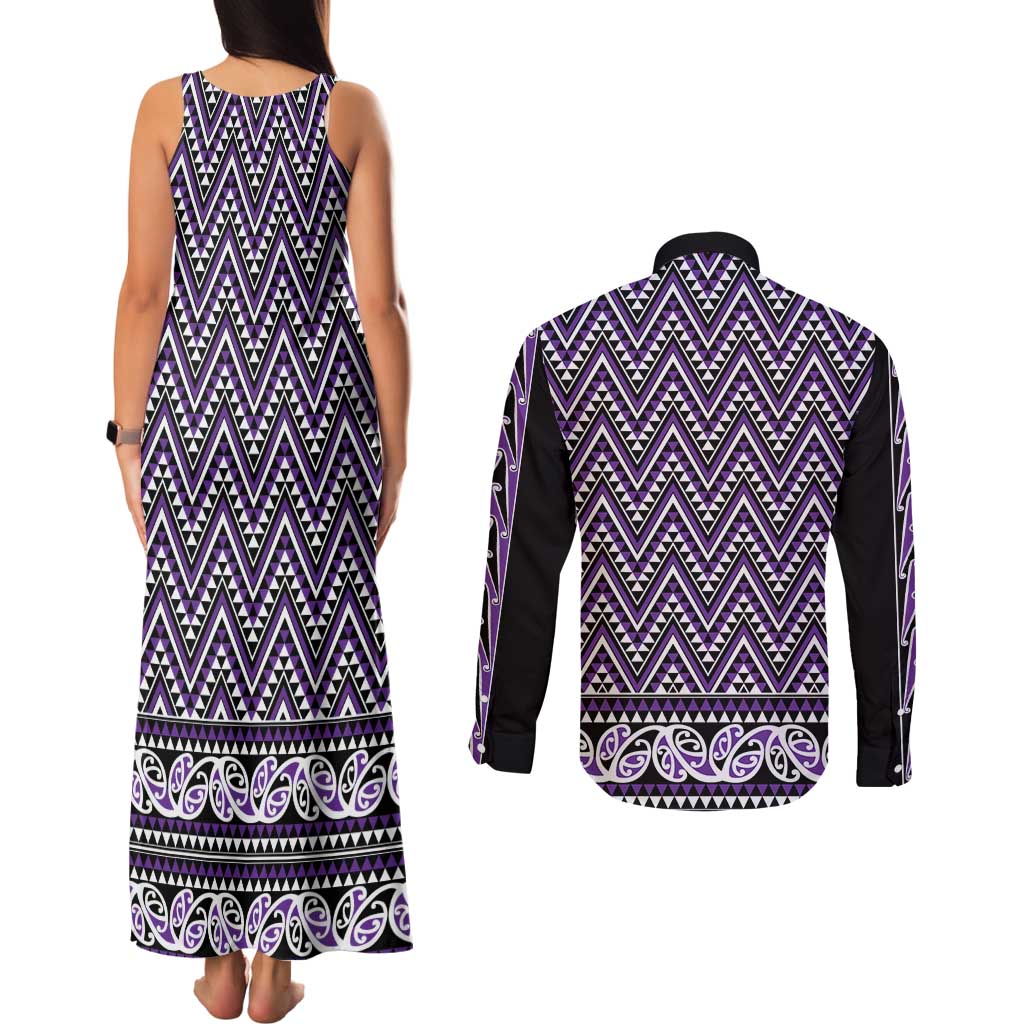 New Zealand Maori Niho Taniwha Couples Matching Tank Maxi Dress and Long Sleeve Button Shirt Waiporopo Mangopare and Puhoro Pattern LT9 - Polynesian Pride