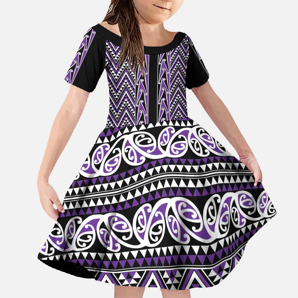 New Zealand Maori Niho Taniwha Family Matching Off Shoulder Maxi Dress and Hawaiian Shirt Waiporopo Mangopare and Puhoro Pattern LT9 Daughter's Dress Purple - Polynesian Pride