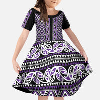 New Zealand Maori Niho Taniwha Family Matching Off Shoulder Maxi Dress and Hawaiian Shirt Waiporopo Mangopare and Puhoro Pattern LT9 Daughter's Dress Purple - Polynesian Pride