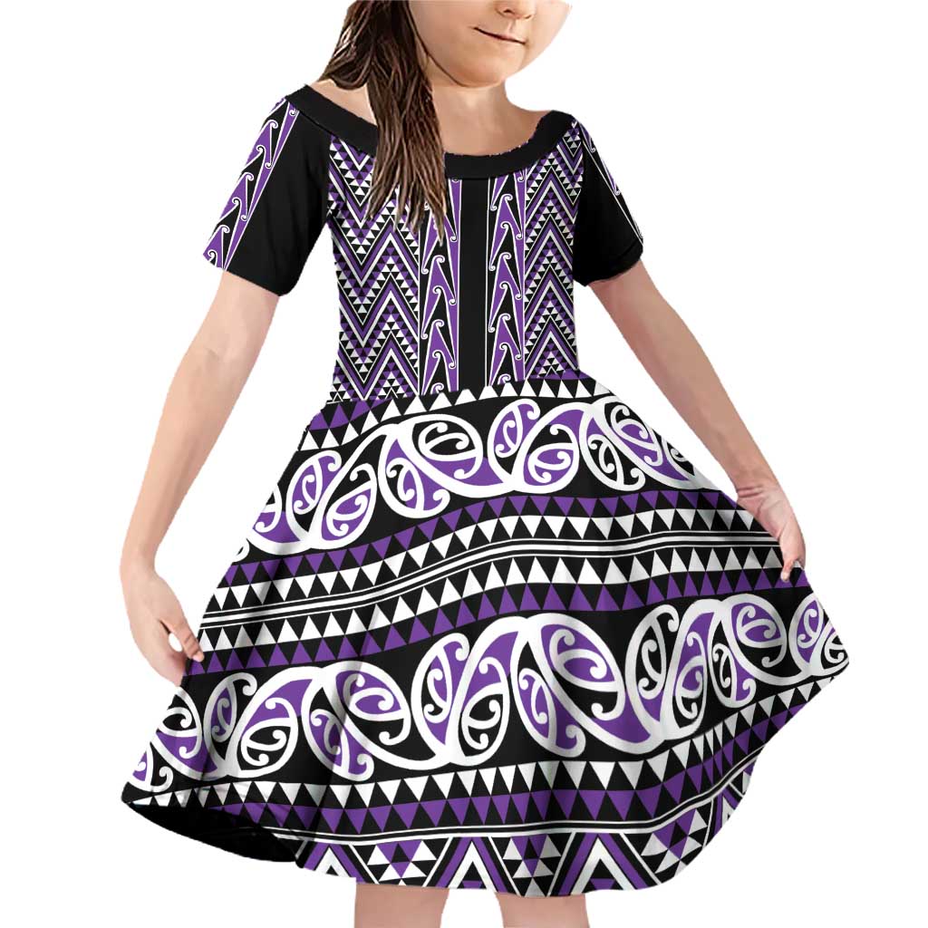 New Zealand Maori Niho Taniwha Family Matching Off Shoulder Short Dress and Hawaiian Shirt Waiporopo Mangopare and Puhoro Pattern LT9 Daughter's Dress Purple - Polynesian Pride