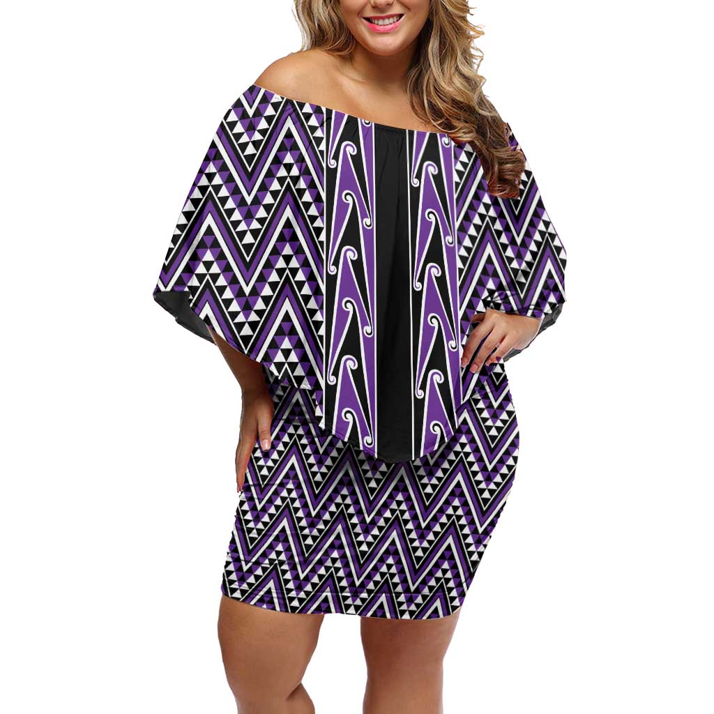 New Zealand Maori Niho Taniwha Family Matching Off Shoulder Short Dress and Hawaiian Shirt Waiporopo Mangopare and Puhoro Pattern LT9 Mom's Dress Purple - Polynesian Pride