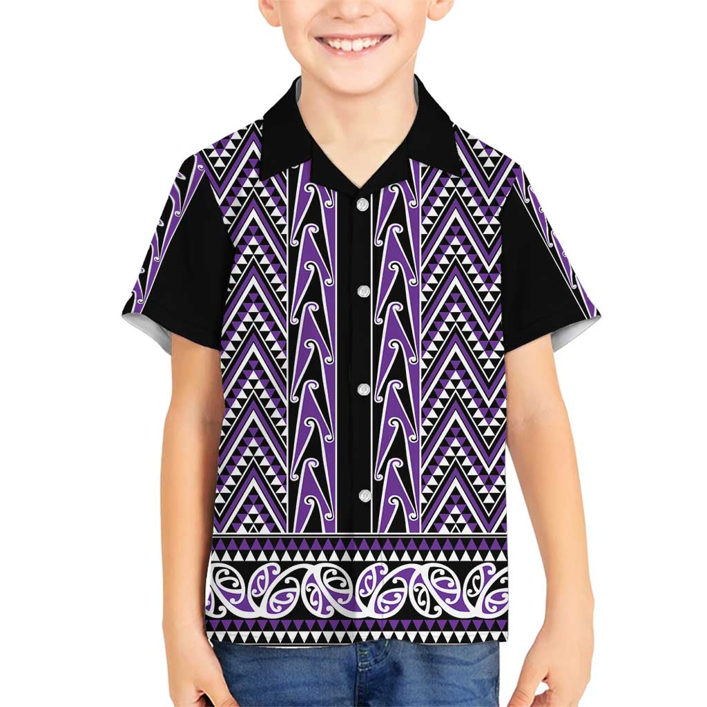 New Zealand Maori Niho Taniwha Family Matching Off Shoulder Short Dress and Hawaiian Shirt Waiporopo Mangopare and Puhoro Pattern LT9 Son's Shirt Purple - Polynesian Pride