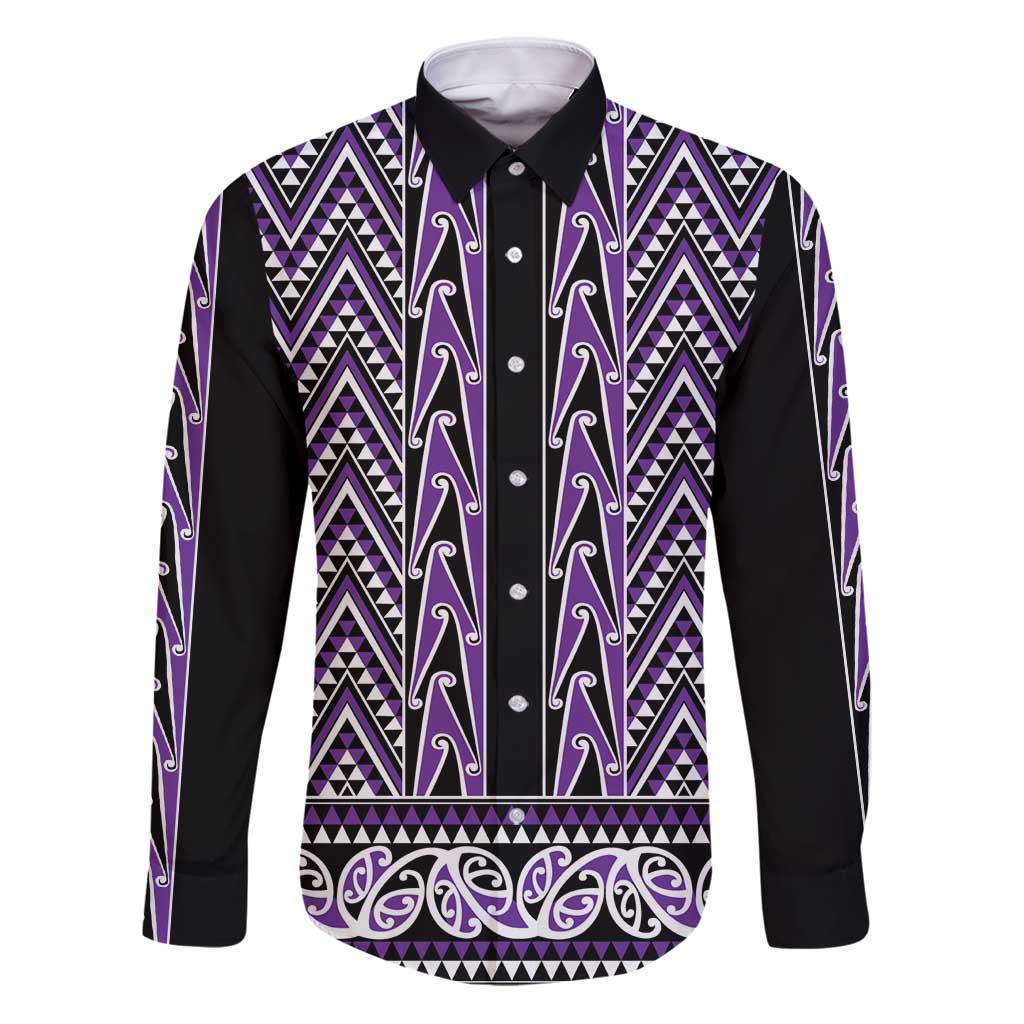 New Zealand Maori Niho Taniwha Family Matching Puletasi and Hawaiian Shirt Waiporopo Mangopare and Puhoro Pattern LT9 Dad's Shirt - Long Sleeve Purple - Polynesian Pride