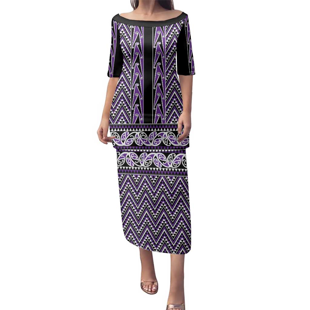New Zealand Maori Niho Taniwha Family Matching Puletasi and Hawaiian Shirt Waiporopo Mangopare and Puhoro Pattern LT9 Mom's Dress Purple - Polynesian Pride
