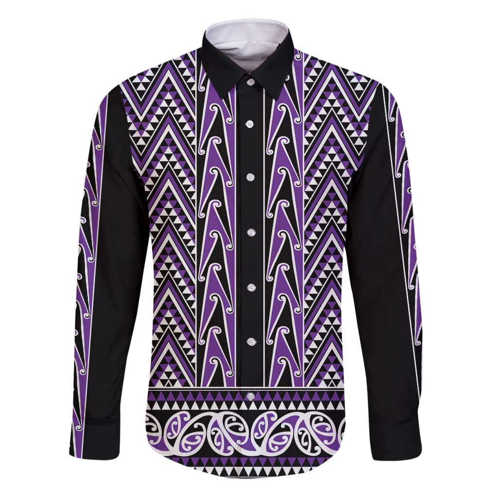 New Zealand Maori Niho Taniwha Family Matching Summer Maxi Dress and Hawaiian Shirt Waiporopo Mangopare and Puhoro Pattern LT9 Dad's Shirt - Long Sleeve Purple - Polynesian Pride